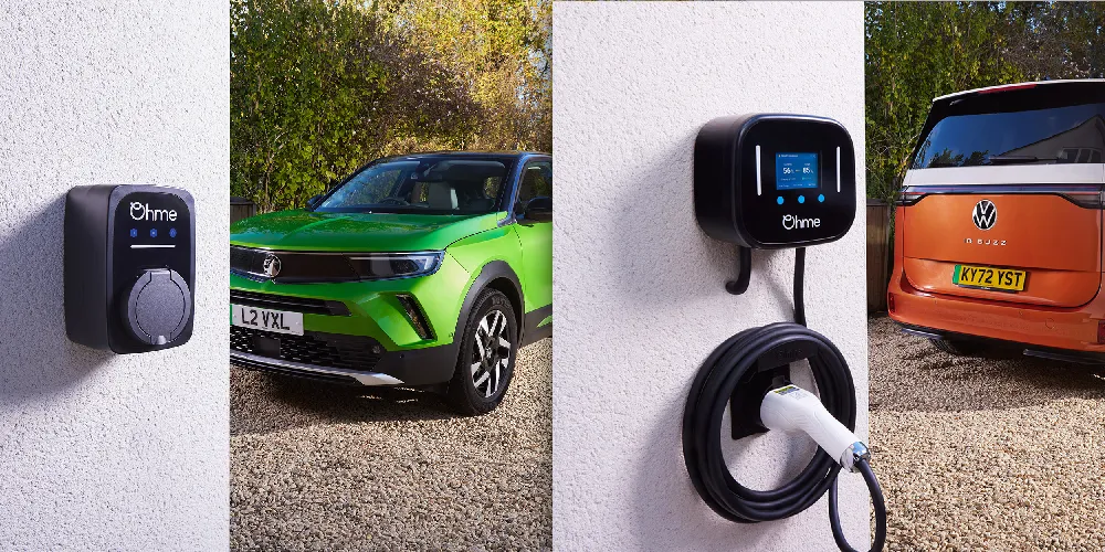 Side-by-side view of the Ohme ePod untethered EV charger and Ohme Home Pro tethered EV charger, each mounted on a white wall with electric vehicles parked nearby.